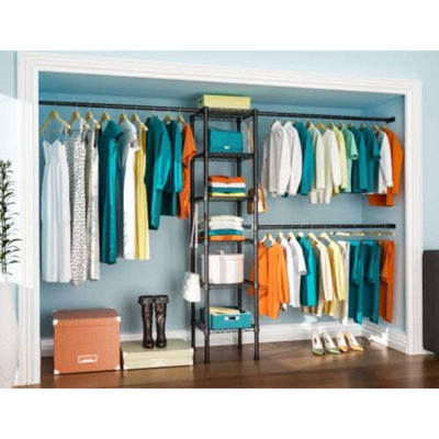 M1 Closet Storage Organizer System, 6 Tiers Heavy Duty Metal Garment Rack With 3 Expandable Hanger Rods, Wall Mounted Space Saver Suits From 5.4-8.7 Ft. Width, 71.2”H X 14”D, 700LBS, Black