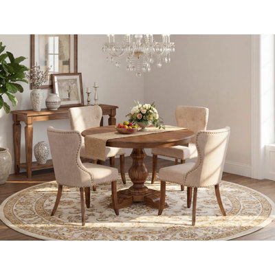 5-Pc Kitchen Set Includes a Pedestal Wooden Table and 4 Light Tan Linen Fabric Kitchen Chairs with Button Tufted- Antique Walnut