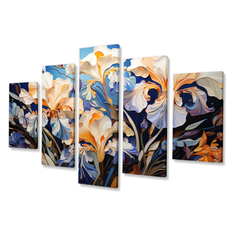 Iris jaune, bleu, iris, danse, impression sur toile florale, 5 panneaux