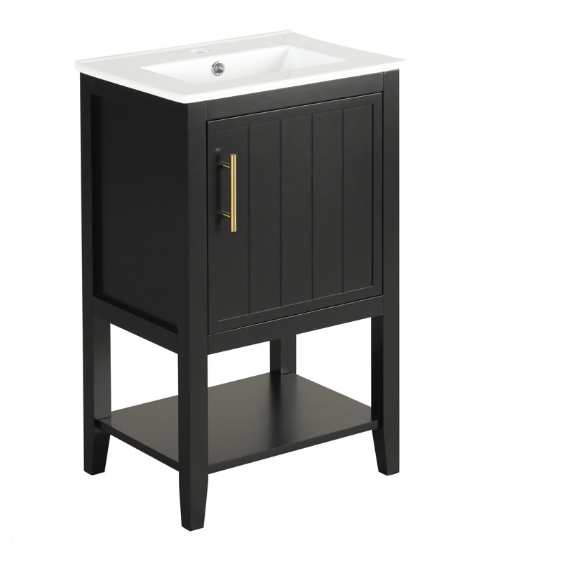 Meuble-lavabo de 20 po avec lavabo, armoire de salle de bain avec porte à fermeture douce, support de rangement et tablette ouverte, meuble-lavabo