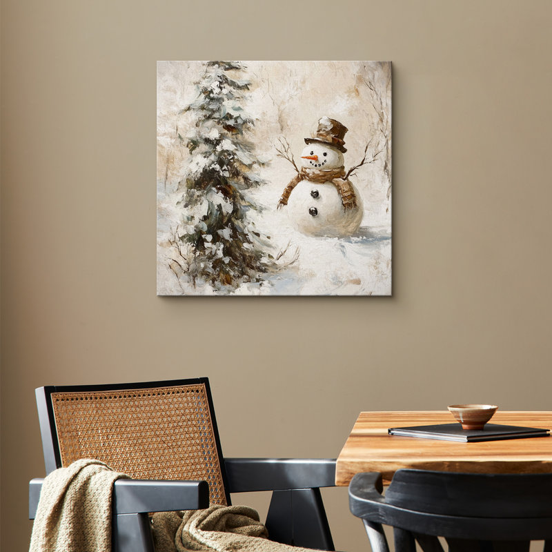 Bonhomme de neige avec arbre de Noël en hiver, décoration de maison de vacances rustique moderne, impression sur toile encadrée