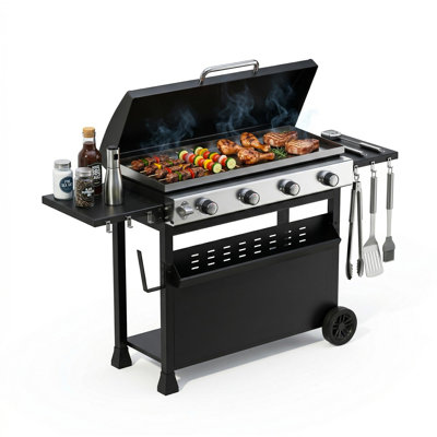 Plaque chauffante au gaz propane à 4 brûleurs avec chariot et hotte, grille portative 32 000 BTU pour le camping