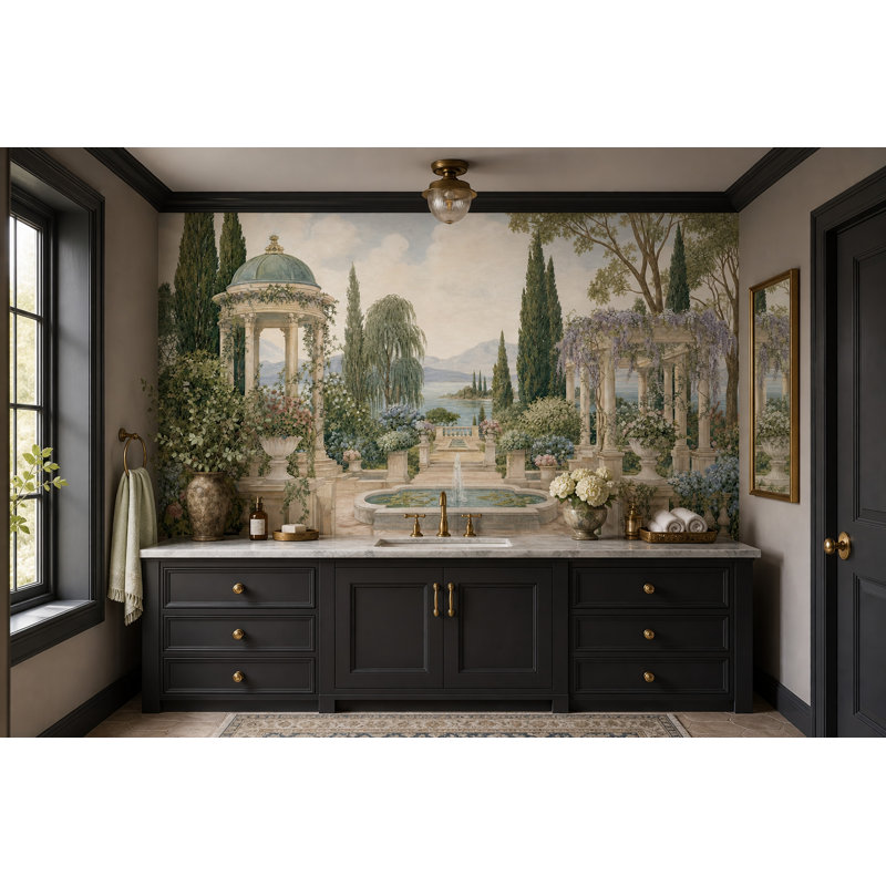 Papier peint classique amovible avec terrasse en pierre Lake and Mountains, 160"x108", Peel and Stick