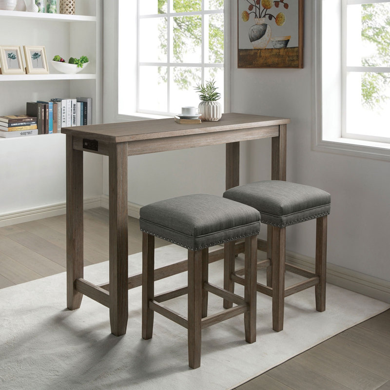 Dining Set Solid Wood 3 Pieces Gray - Wire-Brushed Gray, Gray