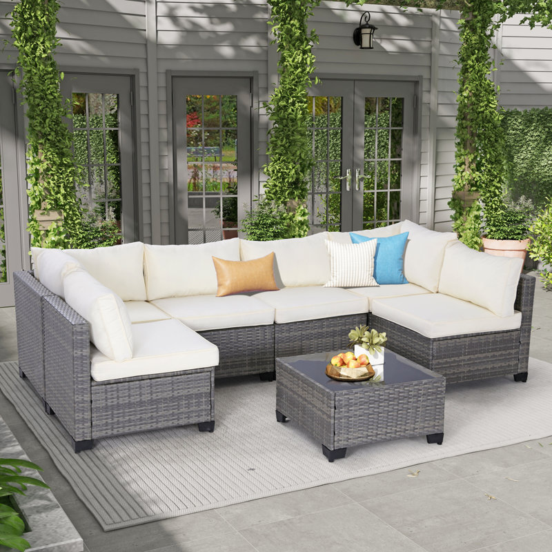 Ensemble de conversation modulaire en rotin 7 pièces avec coussins 7 pièces, Beige, Gris