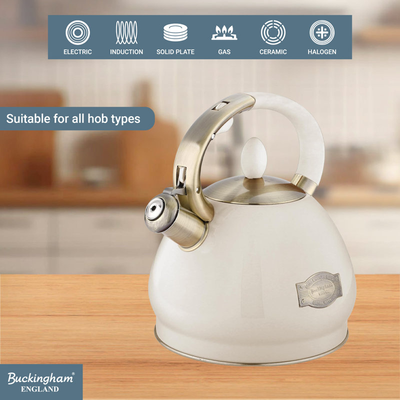 Buckingham Stovetop Whistling Kettle Induction Compatible Stainless Steel 3.4 Litres, Cream