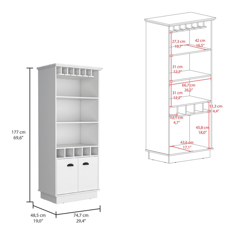 Bar 70 pouces de haut avec 10 verres et 5 casiers et 3 tablettes ouvertes, Blanc
