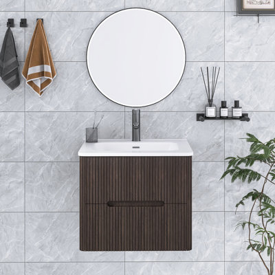 24 Inch Wall-Mounted Bathroom Vanity Set In Dark Brown  - MDF Cabinet With Integrated Ceramic Sink & Grid Stripes Design