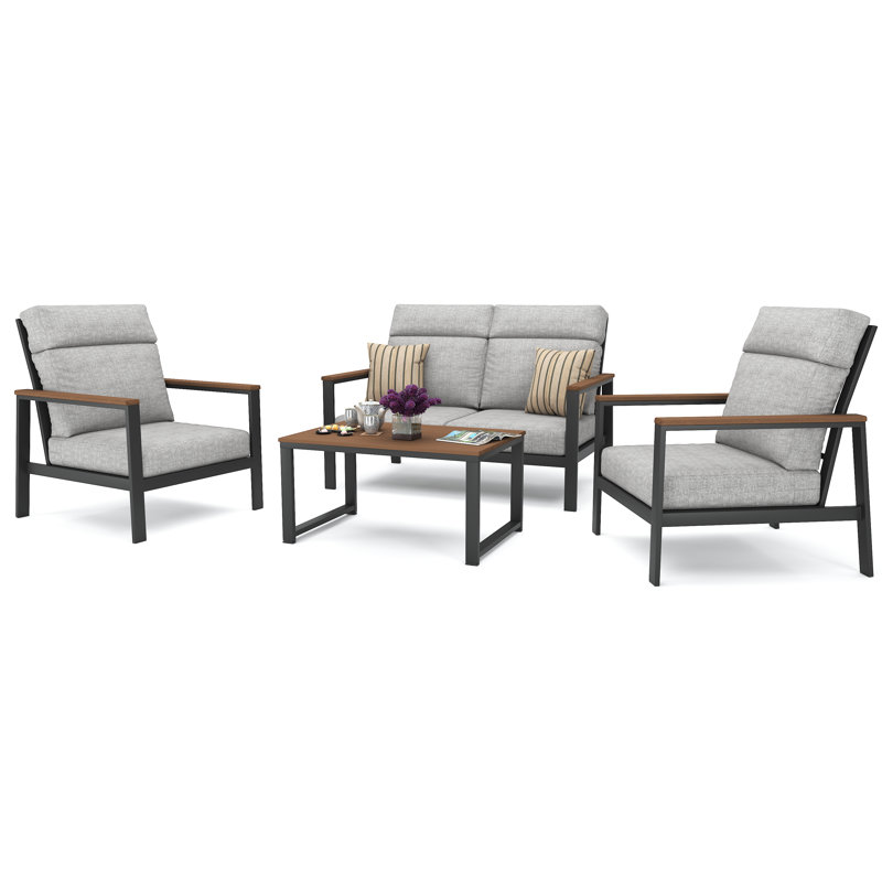 Ensemble de conversation pour 4 personnes avec coussins Sunbrella® Mehar, Toile granit, Gris foncé / brun