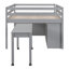 Lit mezzanine double avec bureau d'écriture rétractable et 4 tiroirs, lit mezzanine en bois avec bureau portatif latéral et tablettes, gris