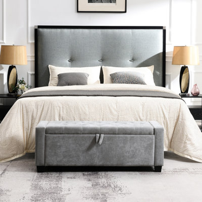 Banc de rangement gris 48 po, bouton avec coutures en losange, confortable et résistant aux odeurs -, pour la chambre à coucher, le salon, peut supporter 350 lb, utilisé comme tabouret à langer, banc de bout de lit rembourré, touffeté respirant