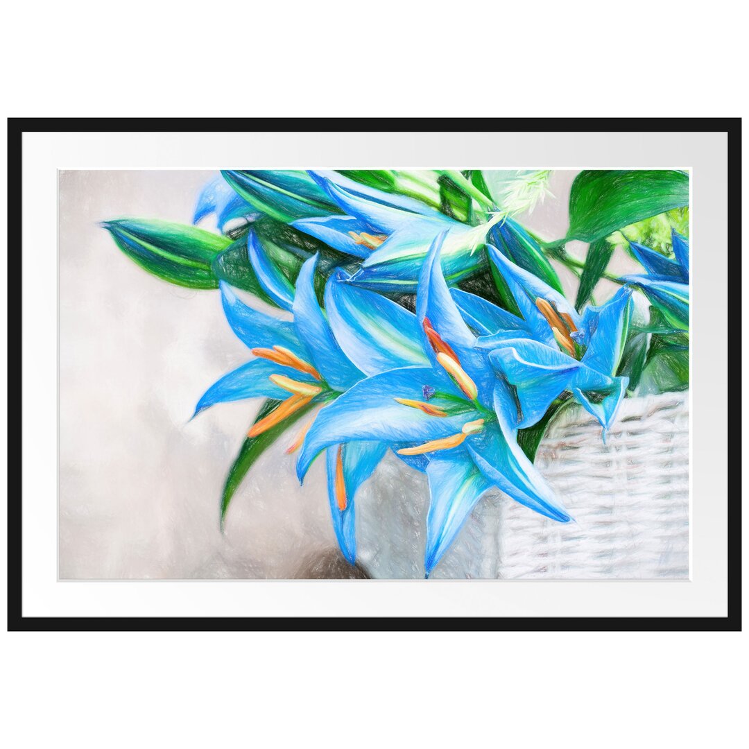 Gerahmtes Poster Schöne blaue Blumen im Körbchen