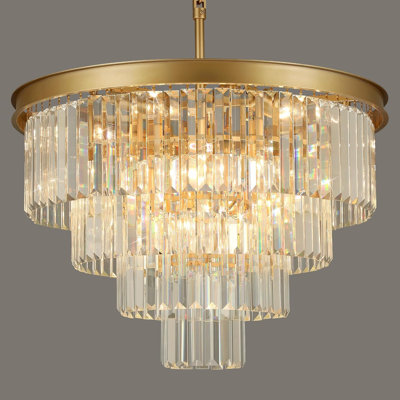 Lustre en cristal pour luminaire de salle à manger au-dessus de la table, lustres modernes dorés à 15 lumières pour le salon, luminaires en cristal ronds à 4 niveaux pour îlot de cuisine pour entrée de chambre D24 pouces