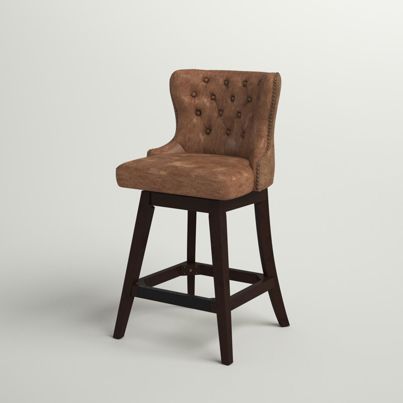 Broncho Swivel Upholstered Counter Stool with Solid Wood Frame, Tan Brown Faux Leather