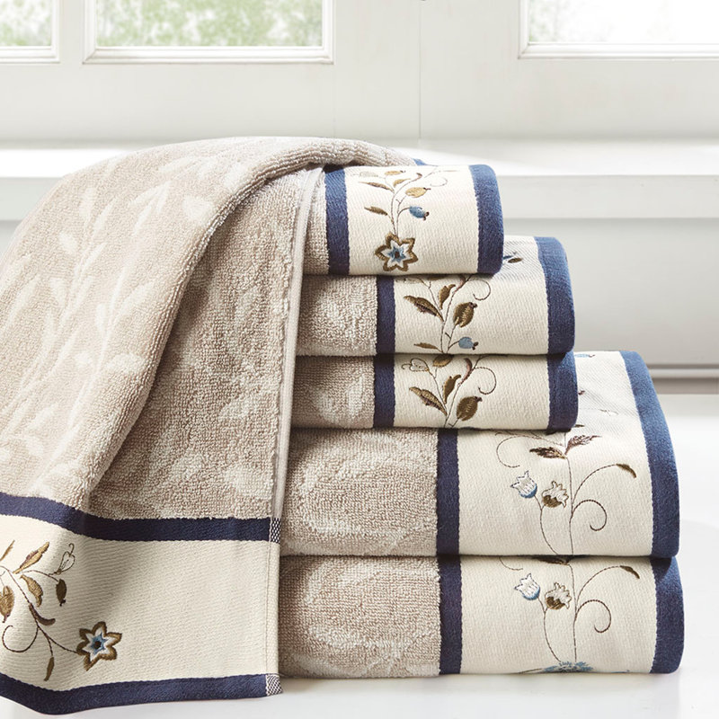 Ensemble 6 serviettes de bain en jacquard de coton brodé, Marine
