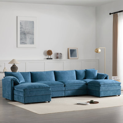 Canapé modulaire en chenille de 136 po avec siège large et large, ensemble de canapé en forme de U avec coussins doubles, canapé à 6 places avec repose-pieds mobile, mobilier d'intérieur surdimensionné