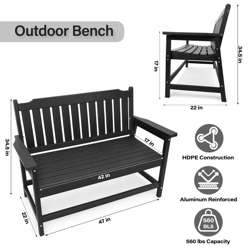 Banc d'extérieur en PEHD - Banc de terrasse/porche résistant aux intempéries, capacité de 254 kg, Noir