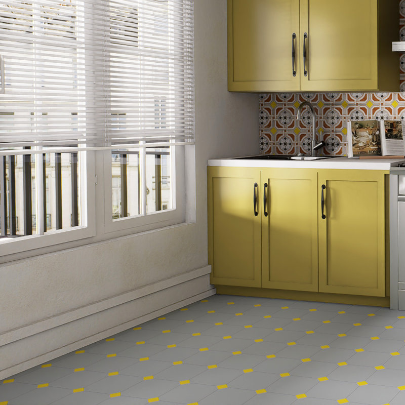 Humour octogonal vaudois avec taco 7-7 / 8 po X 7-7 / 8 po Carreau de porcelaine pour plancher et mur, Gris/Jaune