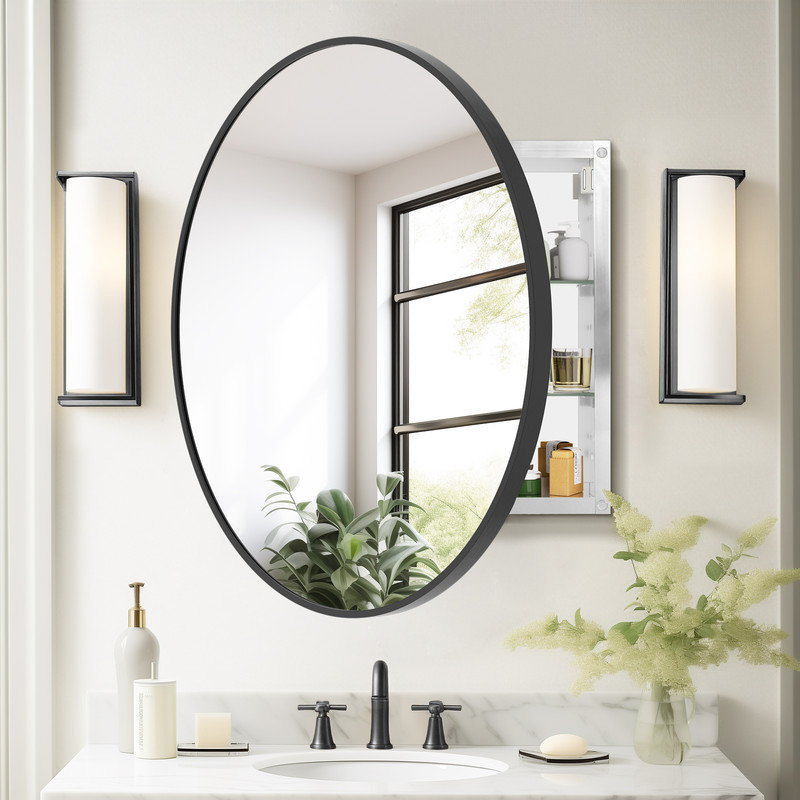 Aluminum Round Medicine Cabinet for Bathroom with Adjustable Shelves, 28" H x 28" W x 3.7" D, Gold