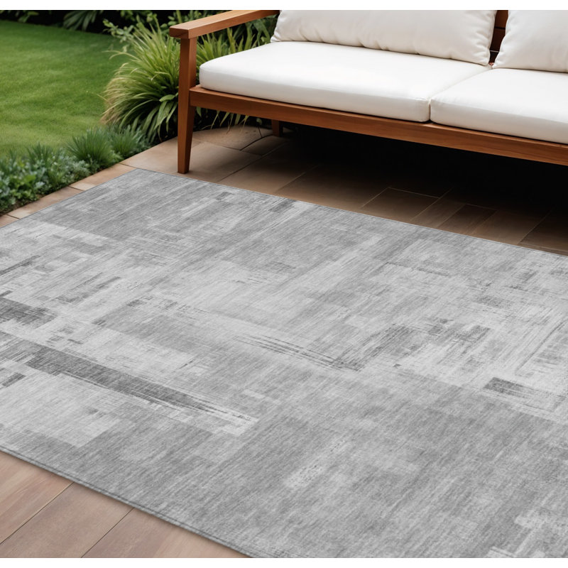 Tapis extérieur lavable abstrait gris et blanc cassé 10 pi x 14 pi
