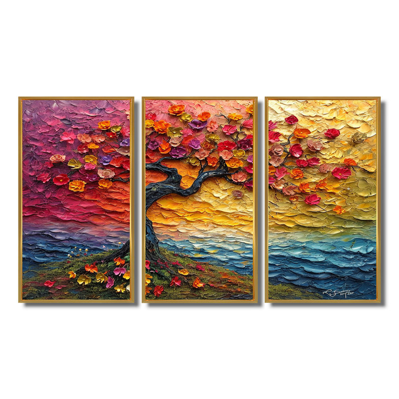 Arbre en fleurs avec fleurs rouges - ensemble d'art mural arbre floral, Cadre flottant doré, H 40 po x l 60 po x P 1 po