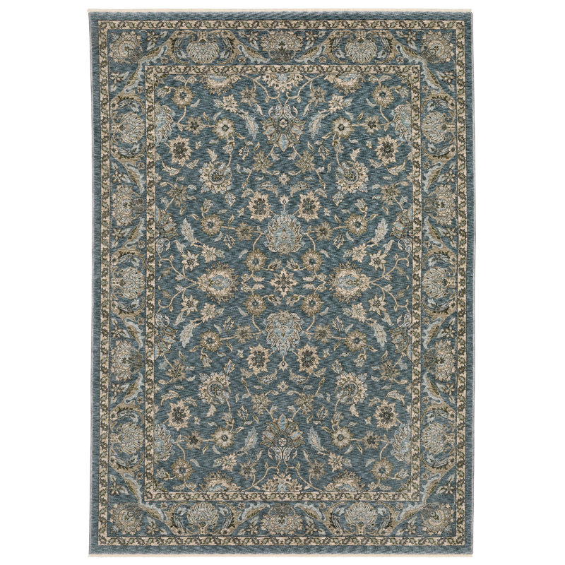 Tapis oriental bleu en polyester tissé à la machine Yeadon, Rectangle 7 pi 10 po x 10 pi 10 po