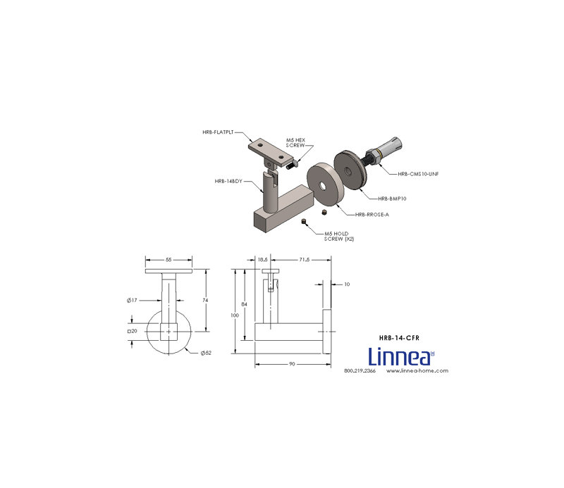 Concrete Mount Handrail Bracket with Round Rose and Flat Plate, Satin Stainless Steel