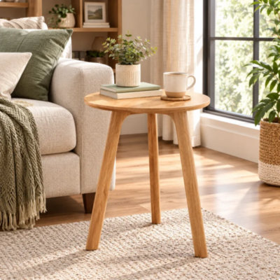 Table de bout ronde - Petite table d'appoint 100% chêne massif naturel, table de chevet facile à assembler pour le salon, la chambre à coucher et le balcon