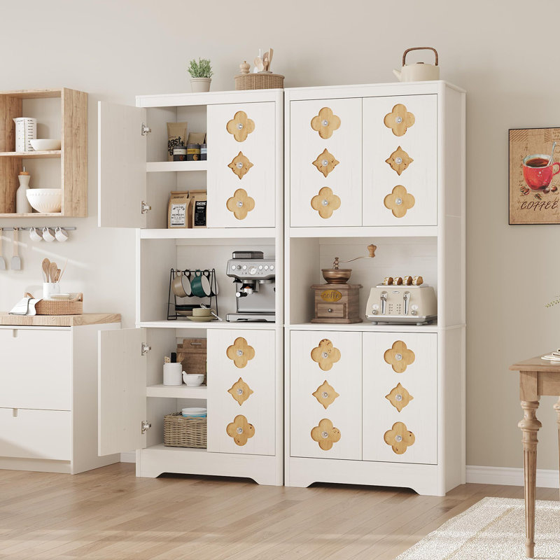 Armoire de cuisine de 72 po de hauteur avec tablette ouverte, boutons en cristal, support pour micro-ondes et rangement réglable