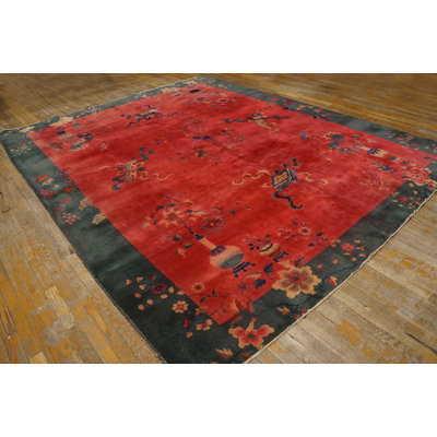 Antique Red Room Size Hand Knotted Wool Pile Art Deco Chinese Rug