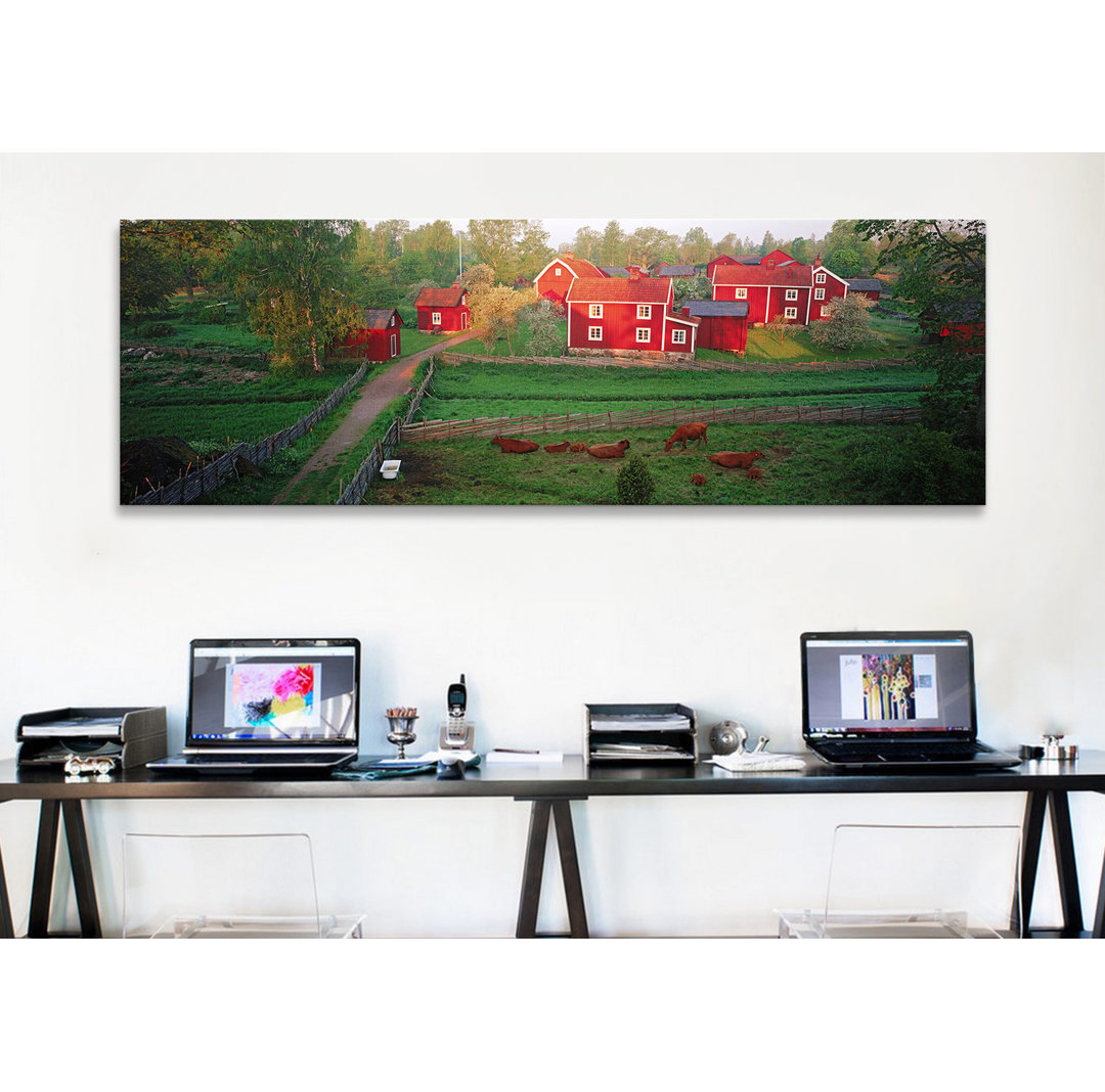 Panoramic Traditional Red Farm Houses and Barns at Village, Stensjoby, Smaland, Sweden Photographic Print on Wrapped Canvas Ebern Designs 