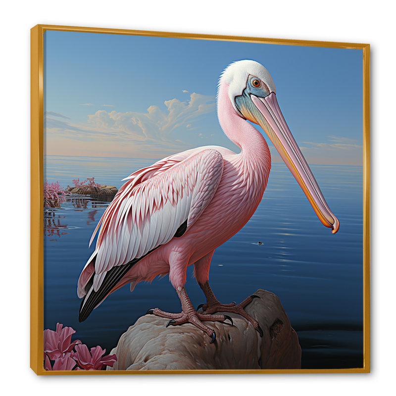 Pélican rose - art mural animaux côtiers, Cadre flottant doré, H 16 po x l 16 po