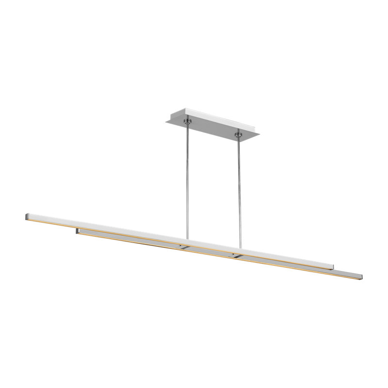 Mick De Giulio Stagger Halo 84 Linear Chandelier in Polished Stainless Steel with Acrylic shade, 72.3" H x 24" W x 84" D 
