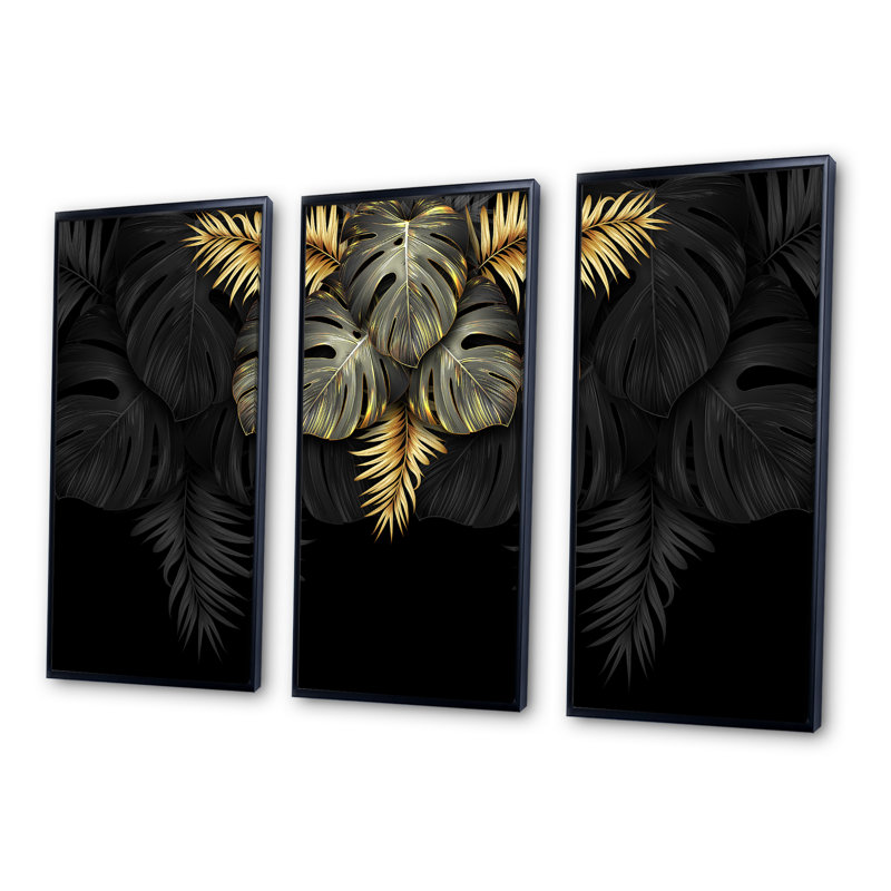 «Black and Gold Tropical Leaves IV», reproduction de cadre flottant 3 pièces sur toile, H 32 po x l 48 po x P 1 po