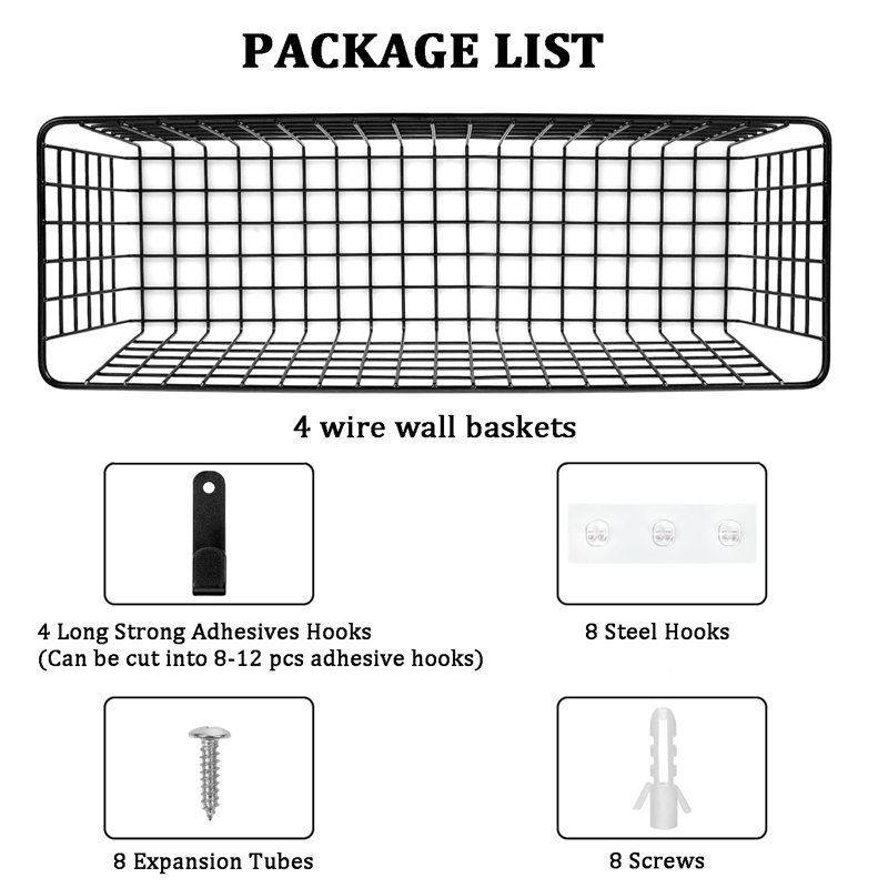 Black Metal Wall Organizer with Hanging Baskets Set of 4