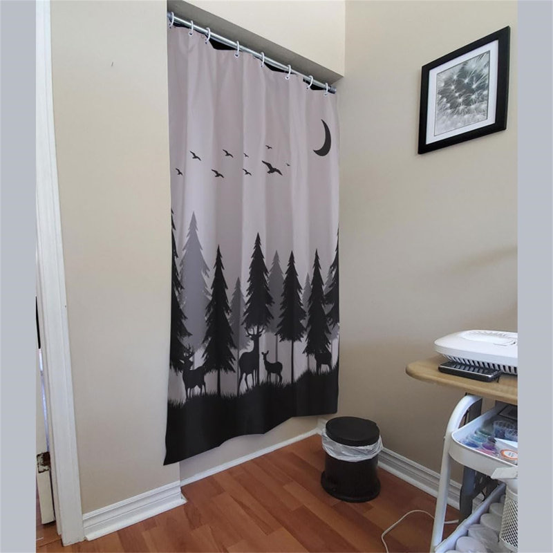 Forest Mountain RV Shower and Bath Curtain with Camper Design - Waterproof Happy Camp Pattern, Fabric Decor Set with Hooks - Grey Black, 47x64 Inches