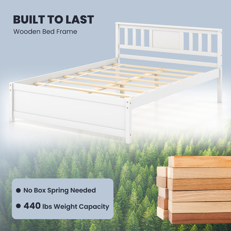 Bed Frame w/ Headboard Wood Slat Support No Box Spring Needed, Full, White