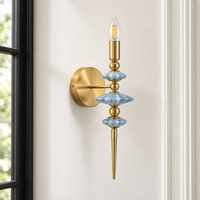 NB6957-1B 1-light vintage wall sconce with blue ceramic accents and gold finish for bedroom and hallway