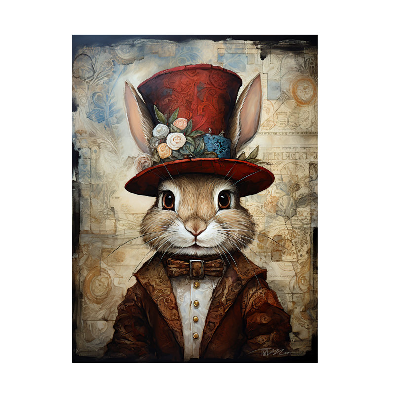 «Cute Rabbit with a Red Hat Baroque Style 2» par Momart - reproduction d'art sur toile tendue, H 32 po x l 24 po x P 2 po