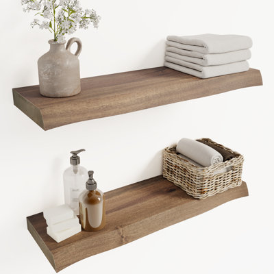 Ensemble de 2 tablettes flottantes en bois massif d'acacia pour bordure de cuisine, cuisine, salle de bain, espace de travail, noyer foncé