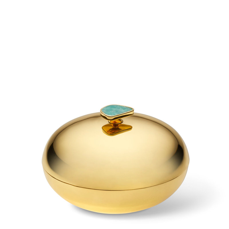 Round Gold Metal Lidded Box with Aquamarine Stone