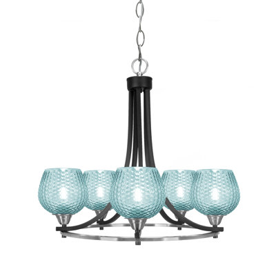 Mukkesh 5 Light Chandelier Matte Black & Brushed Nickel 6" Turquoise Glass