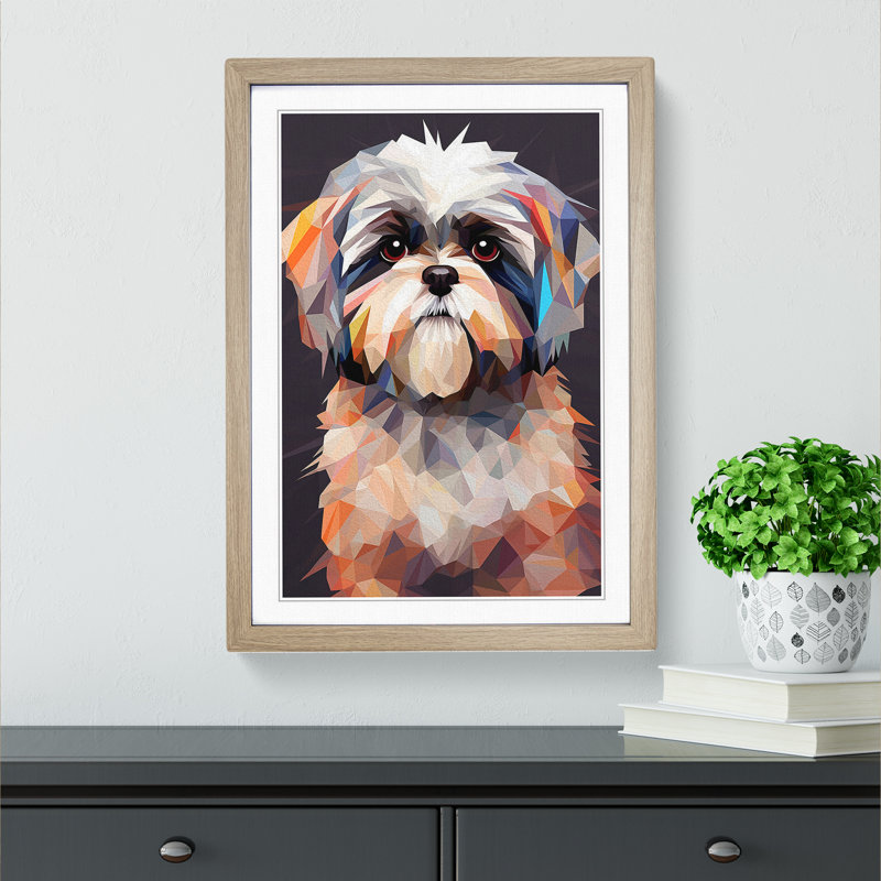Shih Tzu Geometric - Framed Print, Oak , 64cm H x 46cm W x 2cm D