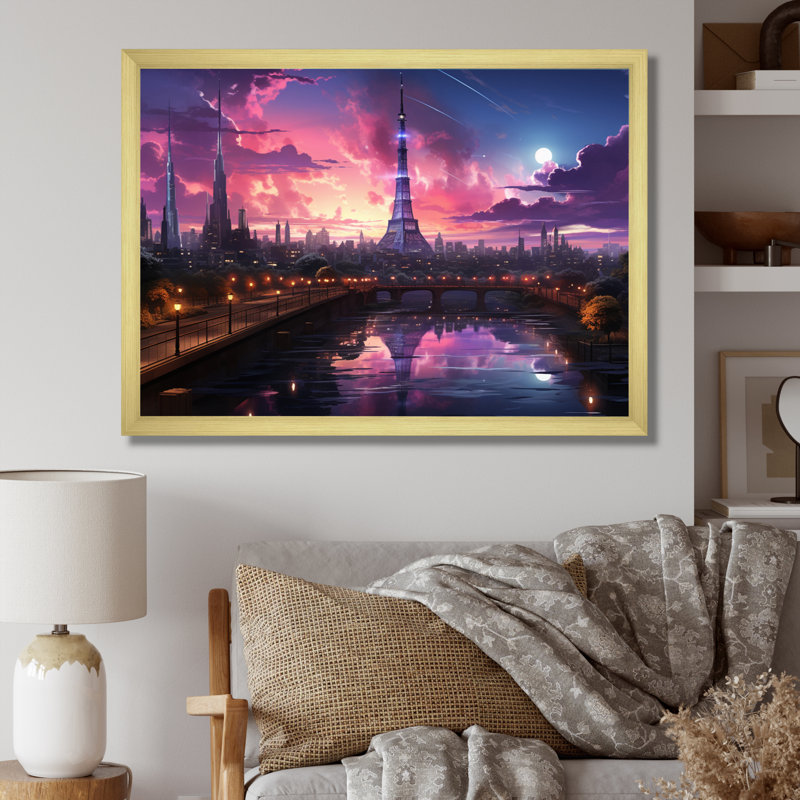 «Futuristic Paris Eiffel Tower Scenery II», reproduction sur toile, Cadre doré à une seule photo