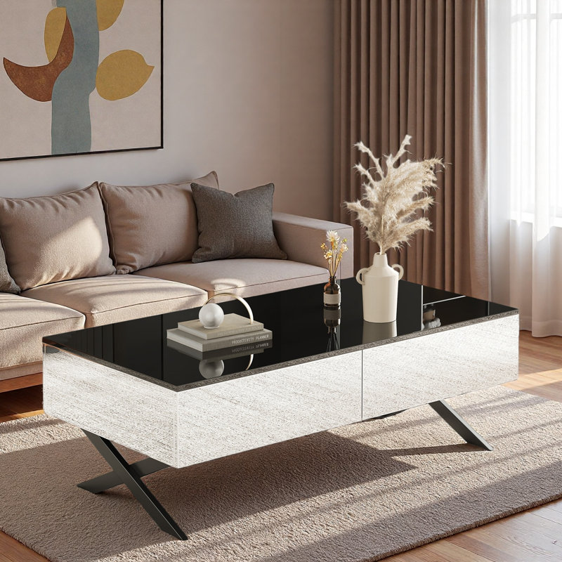 Table basse rectangulaire à miroir avec 2 tiroirs, base en métal et plateau noir ultrabrillant