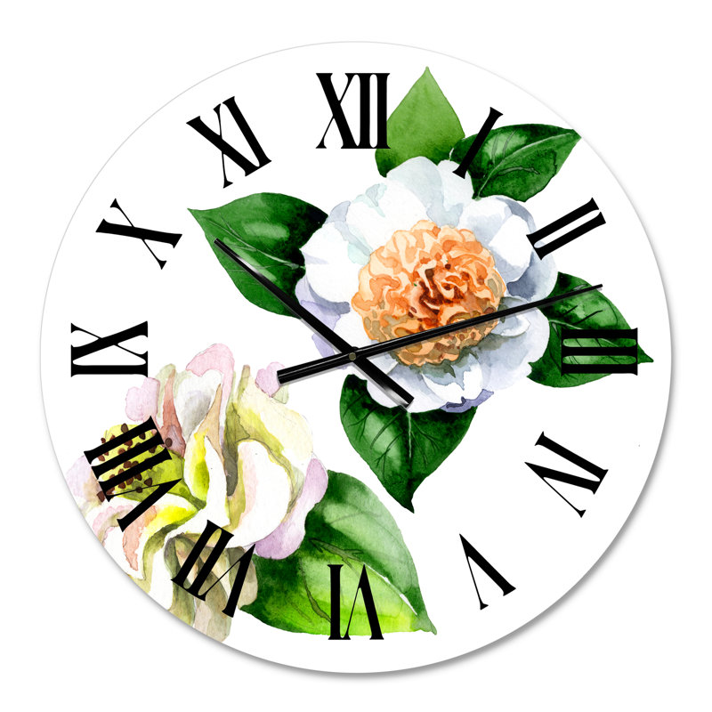 Horloge murale traditionnelle rétro avec fleurs de camélia blanches et feuilles vertes, Moyenne