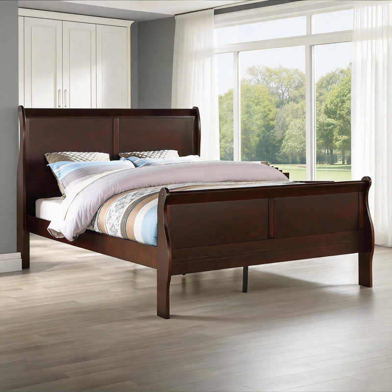 Full Size Panel Sleigh Bed Frame, Transitional Solid Wood Furniture for Bedroom Use with Cherry Finish