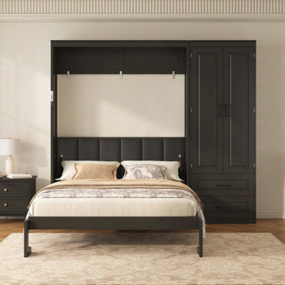 Lit escamotable avec armoire de rangement et tiroirs, tête de lit tapissier Murphy