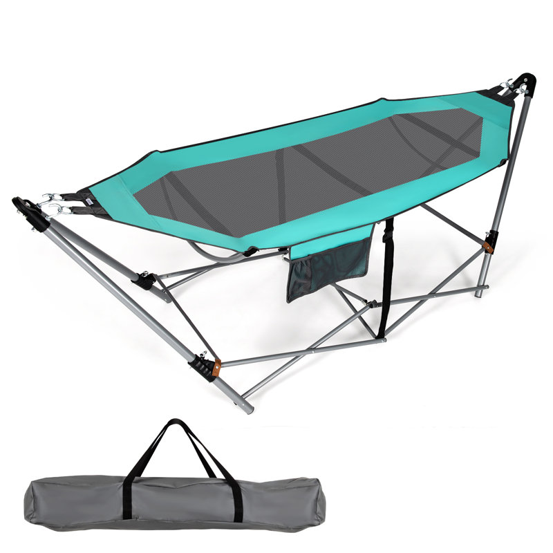 Turquoise Folding Hammock with Iron Stand and Side Pocket