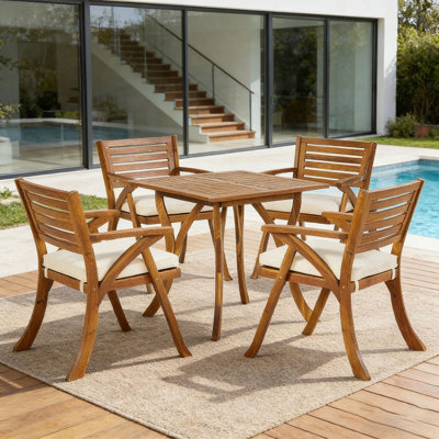 Ensemble repas d'extérieur en bois 5 pièces avec coussins